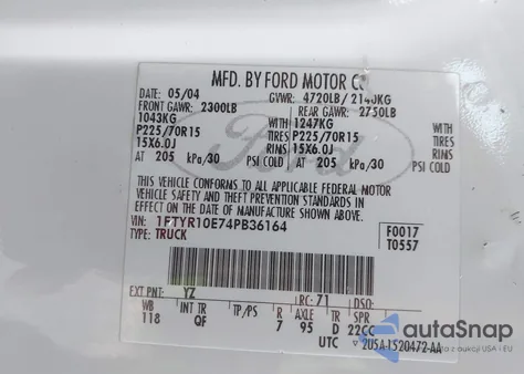 2004 Ford Ranger Unique Fleet from USA, damaged, VIN 1FTYR10E74PB36164